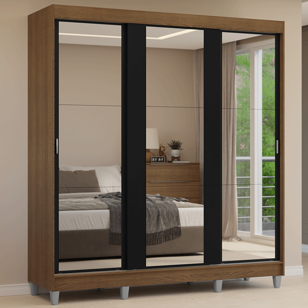 Guarda-Roupa Casal com Pés 3 Portas de Correr de Espelho Rustic/Preto Reno Madesa