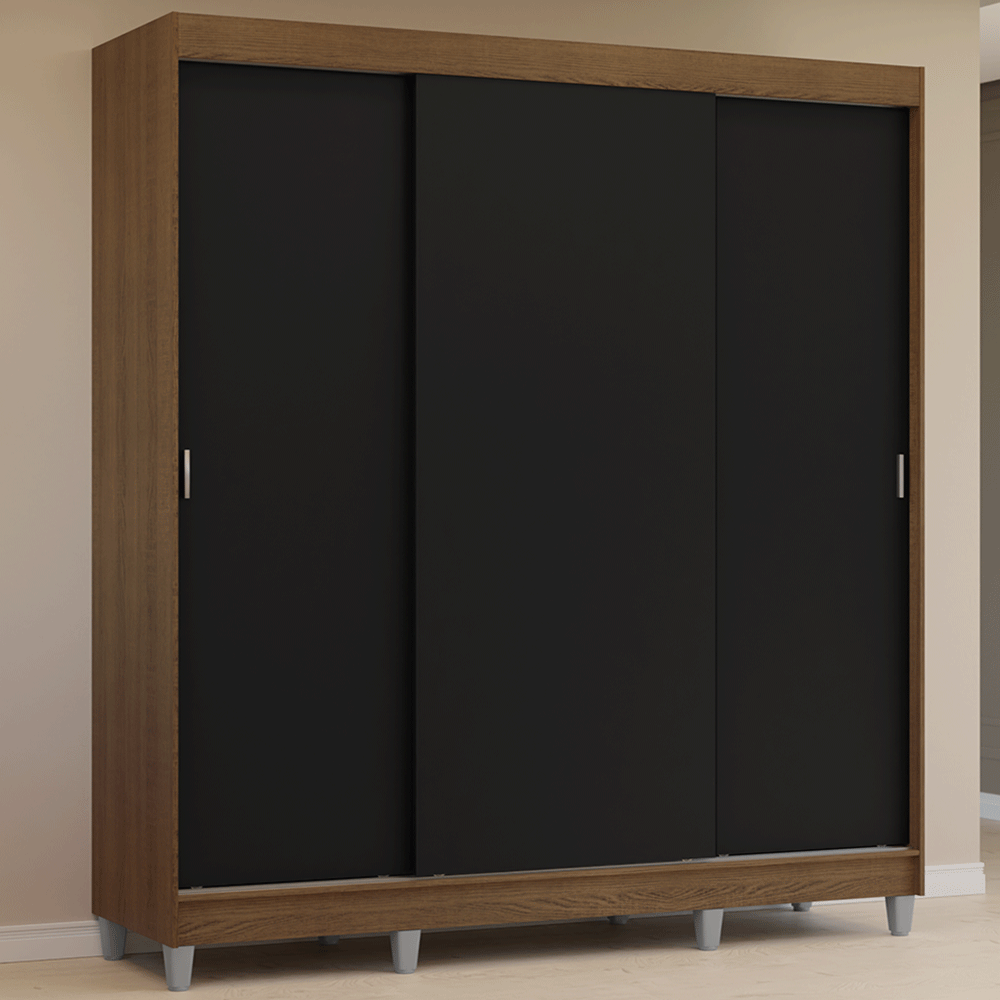 Guarda-Roupa Casal com Pés 3 Portas de Correr Rustic/Preto Reno Madesa