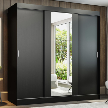 Guarda-Roupa Casal 3 Portas de Correr com Espelho Preto Madesa Reno