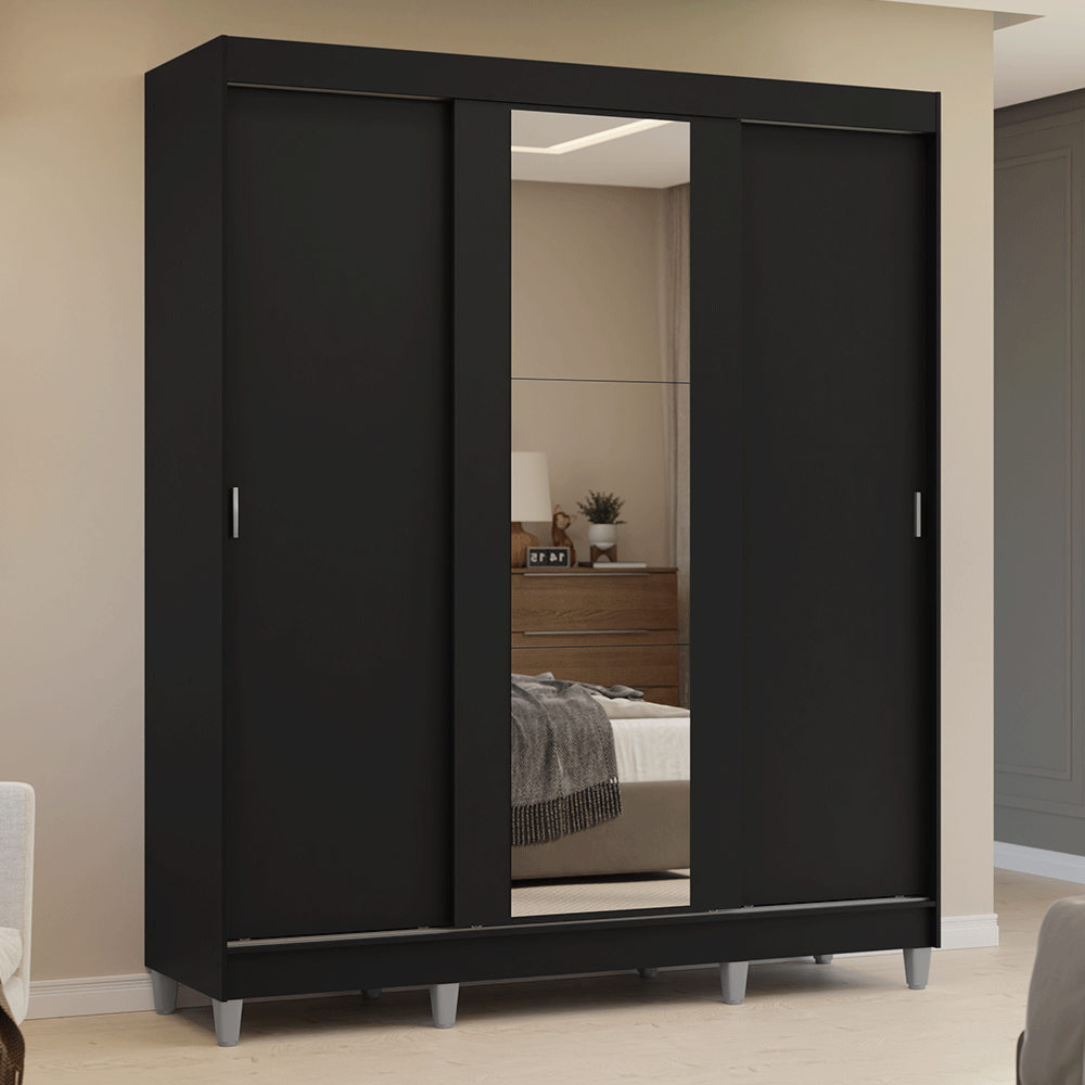 Guarda-Roupa Casal com Pés 3 Portas de Correr com Espelho Preto Reno Madesa