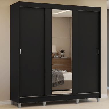 Guarda-Roupa Casal com Pés 3 Portas de Correr com Espelho Preto Reno Madesa
