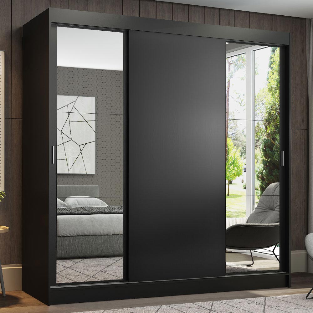 Guarda-Roupa Casal Madesa Reno 3 Portas de Correr com Espelhos Preto