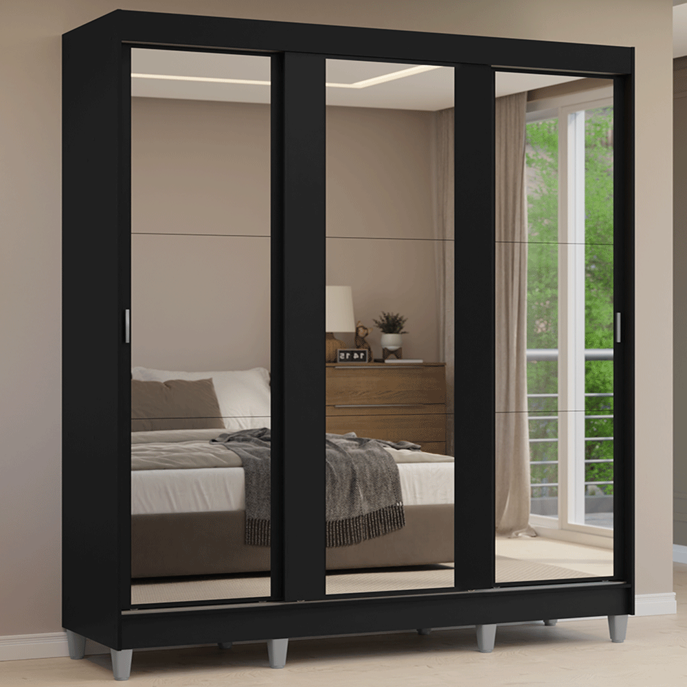 Guarda-Roupa Casal com Pés 3 Portas de Correr de Espelho Preto Reno Madesa