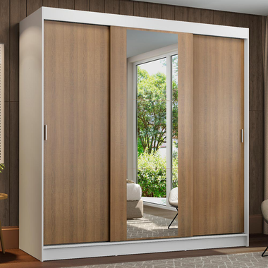 Guarda-Roupa Casal 3 Portas de Correr com Espelho Branco/Rustic Madesa Reno
