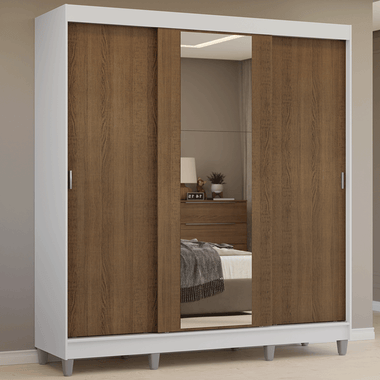 Guarda-Roupa Casal com Pés 3 Portas de Correr com Espelho Branco/Rustic Reno Madesa