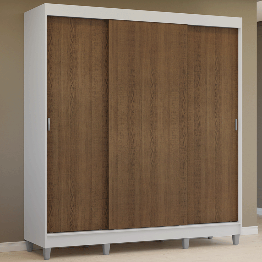Guarda-Roupa Casal com Pés 3 Portas de Correr Branco/Rustic Reno Madesa