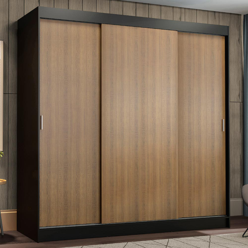 Guarda-Roupa Casal Madesa Reno 3 Portas de Correr  Preto/Rustic