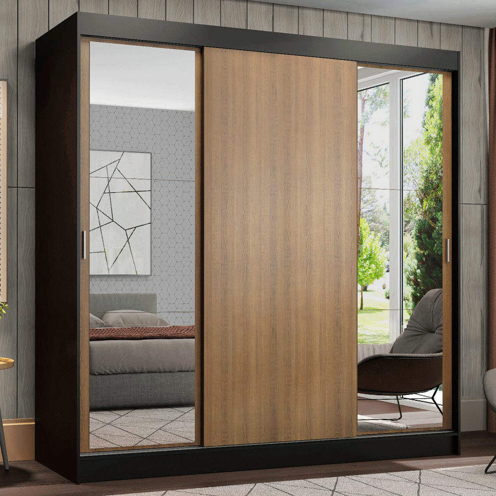 Guarda-Roupa Casal Madesa Reno 3 Portas de Correr com Espelhos Preto/Rustic