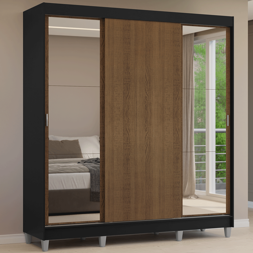 Guarda-Roupa Casal com Pés 3 Portas de Correr com Espelhos Preto/Rustic Reno Madesa