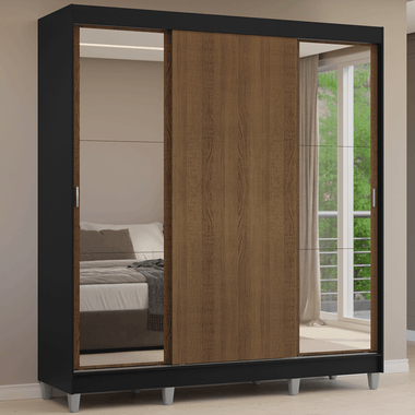 Guarda-Roupa Casal com Pés 3 Portas de Correr com Espelhos Preto/Rustic Reno Madesa