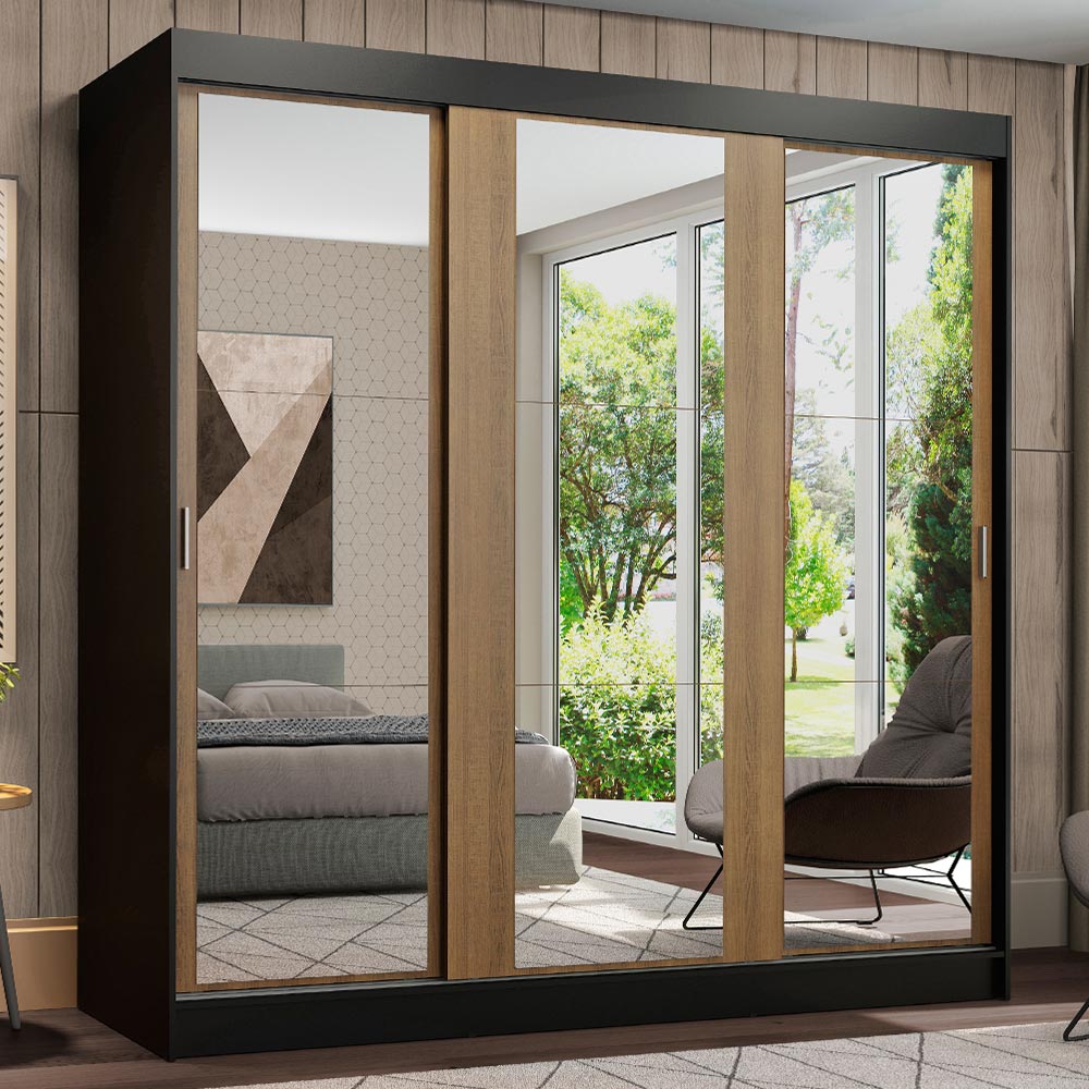 Guarda-Roupa Casal Madesa Reno 3 Portas de Correr de Espelho Preto/Rustic