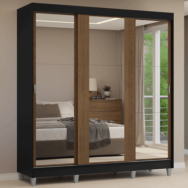 Guarda-Roupa Casal com Pés 3 Portas de Correr de Espelho Preto/Rustic Reno Madesa