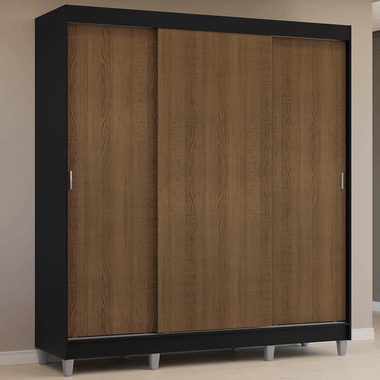 Guarda-Roupa Casal com Pés 3 Portas de Correr Preto/Rustic Reno Madesa