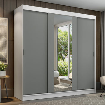 Guarda-Roupa Casal 3 Portas de Correr com Espelho Branco/Cinza Madesa Reno