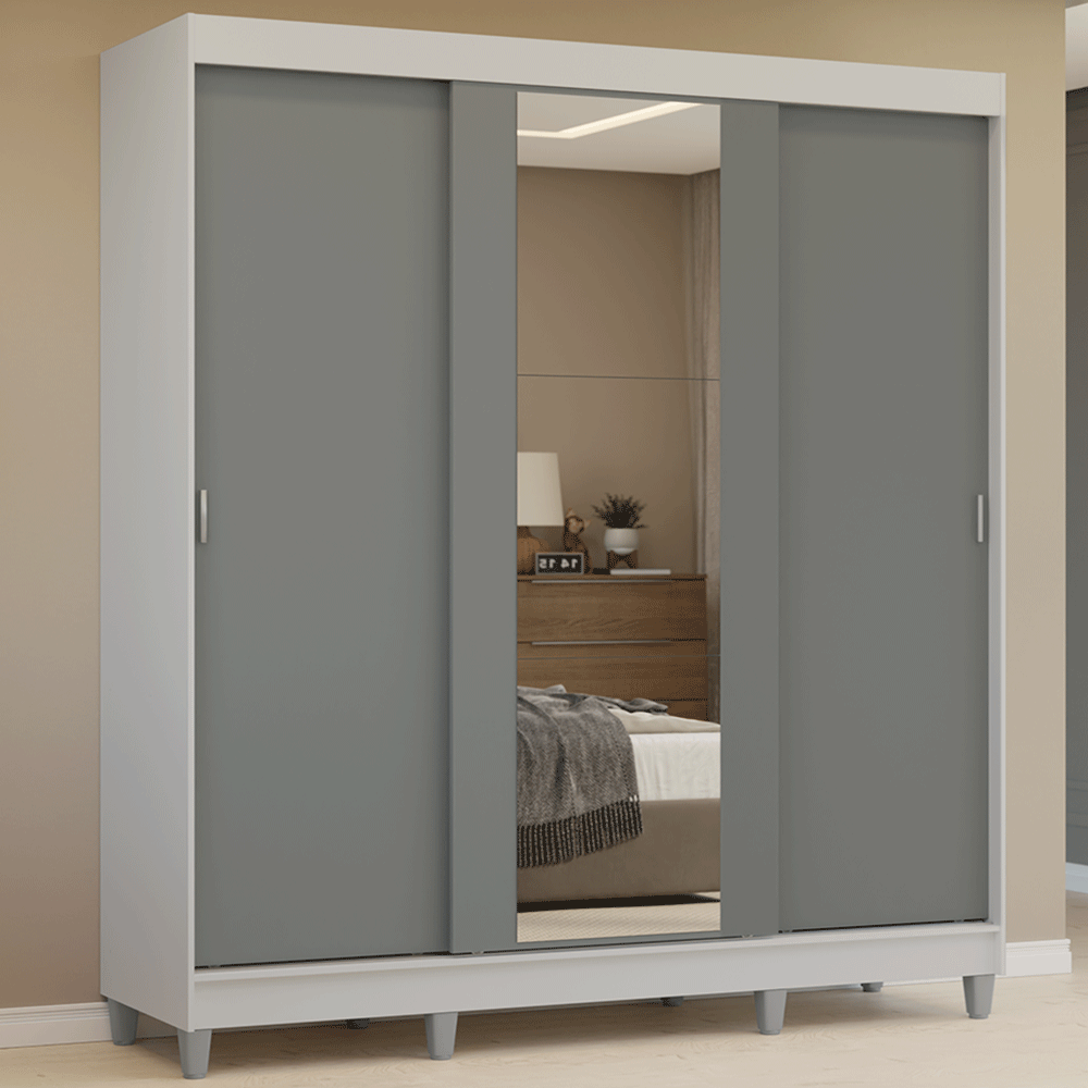 Guarda-Roupa Casal com Pés 3 Portas de Correr com Espelho Branco/Cinza Reno Madesa