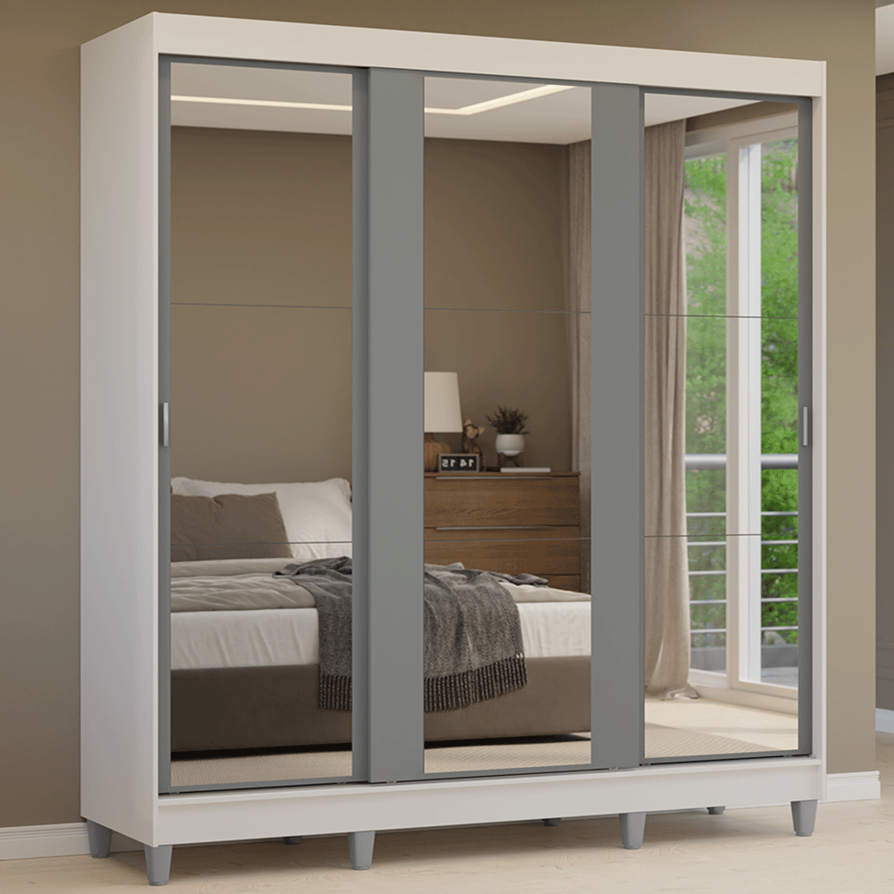 Guarda-Roupa Casal com Pés 3 Portas de Correr de Espelho Branco/Cinza Reno Madesa