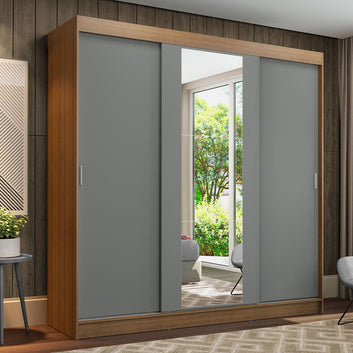 Guarda-Roupa Casal 3 Portas de Correr com Espelho Rustic/Cinza Madesa Reno