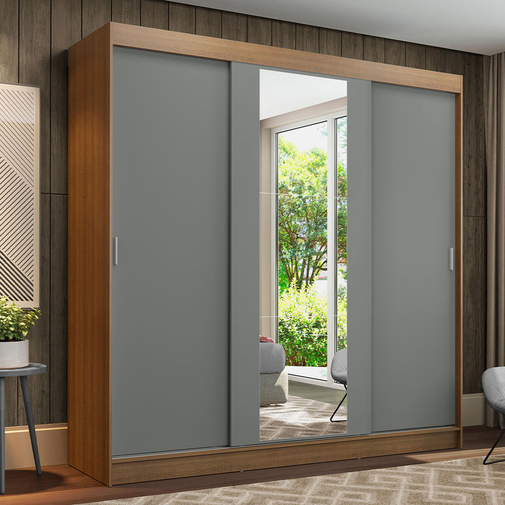 Guarda-Roupa Casal 3 Portas de Correr com Espelho Rustic/Cinza Madesa Reno