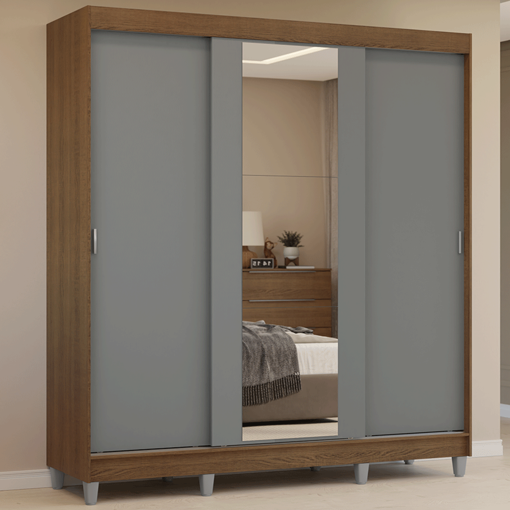 Guarda-Roupa Casal com Pés 3 Portas de Correr com Espelho Rustic/Cinza Reno Madesa
