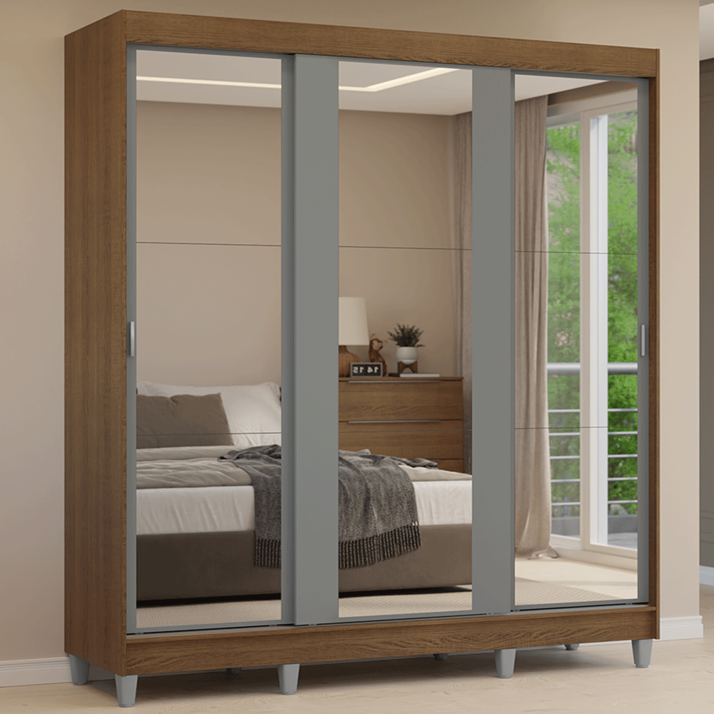 Guarda-Roupa Casal com Pés 3 Portas de Correr de Espelho Rustic/Cinza Reno Madesa