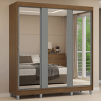 Guarda-Roupa Casal com Pés 3 Portas de Correr de Espelho Rustic/Cinza Reno Madesa