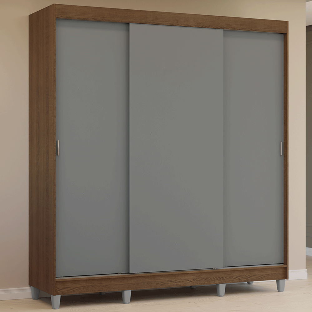 Guarda-Roupa Casal com Pés 3 Portas de Correr Rustic/Cinza Reno Madesa