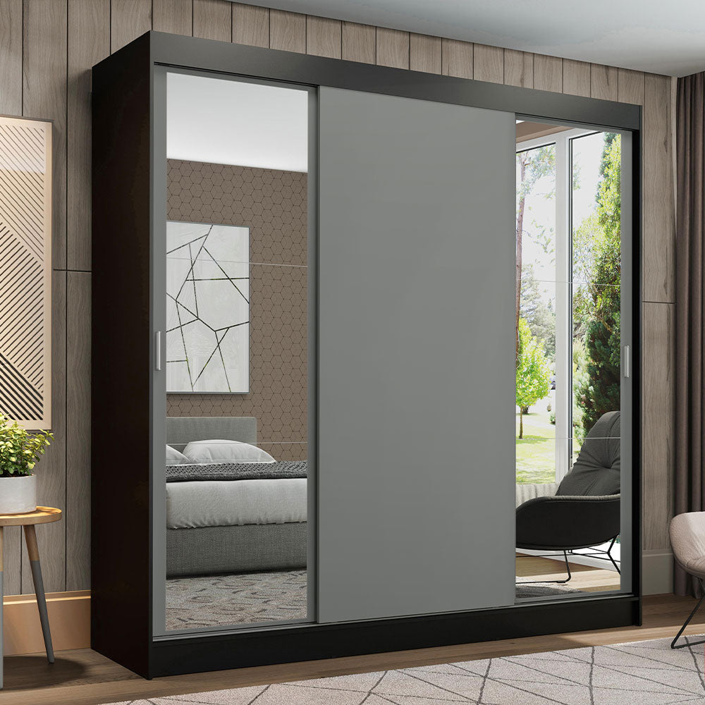 Guarda-Roupa Casal Madesa Reno 3 Portas de Correr com Espelhos Preto/Cinza