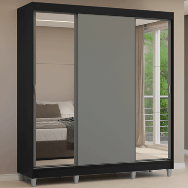 Guarda-Roupa Casal com Pés 3 Portas de Correr com Espelhos Preto/Cinza Reno Madesa