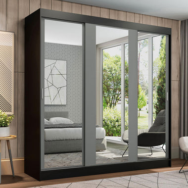 Guarda-Roupa Casal Madesa Reno 3 Portas de Correr de Espelho Preto/Cinza