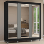 Guarda-Roupa Casal com Pés 3 Portas de Correr de Espelho Preto/Cinza Reno Madesa