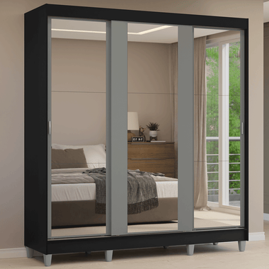 Guarda-Roupa Casal com Pés 3 Portas de Correr de Espelho Preto/Cinza Reno Madesa