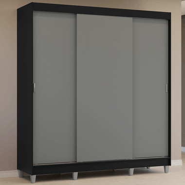 Guarda-Roupa Casal com Pés 3 Portas de Correr Preto/Cinza Reno Madesa
