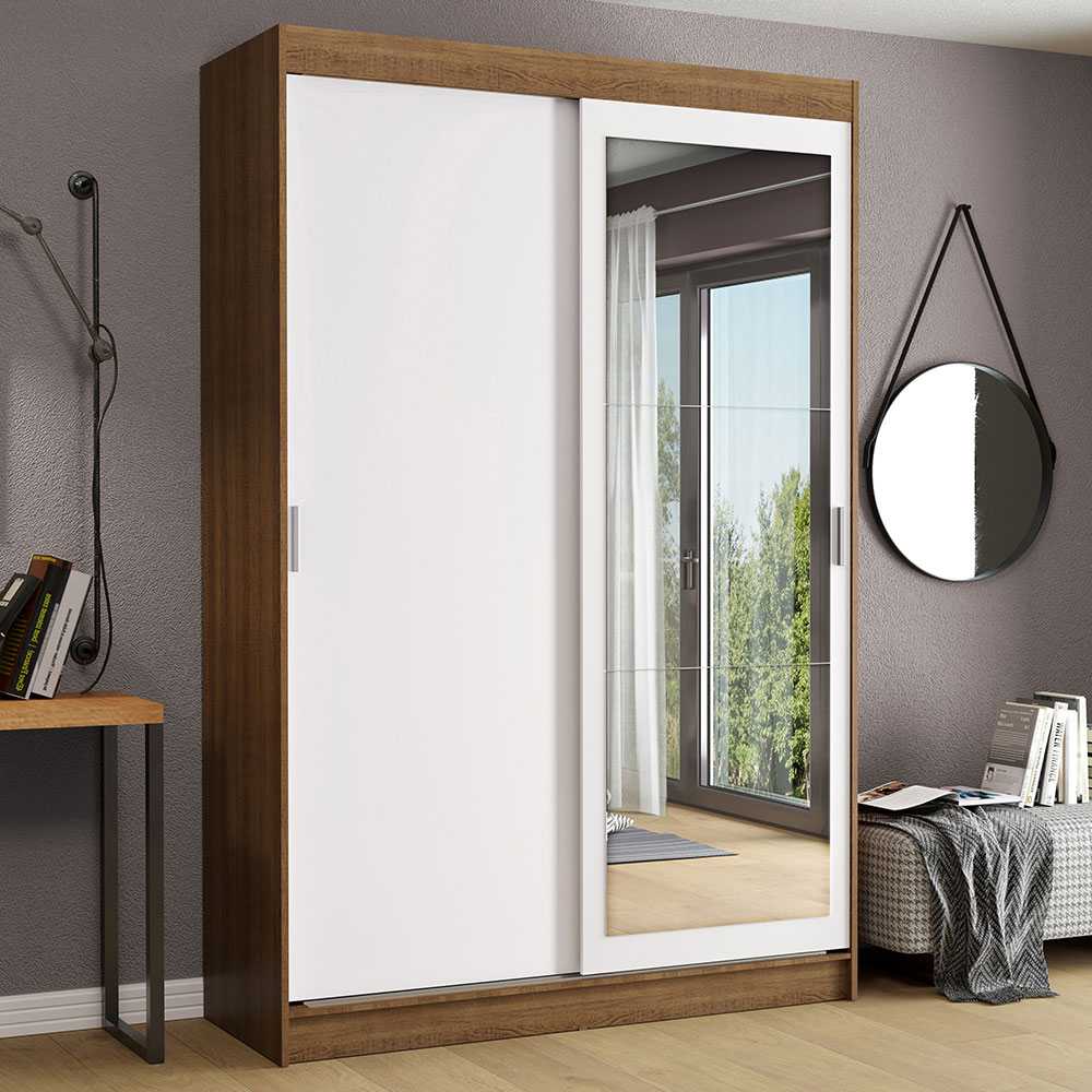 Guarda-Roupa Solteiro Madesa Tokio 2 Portas de Correr com Espelho 2 Gavetas Rustic/Branco