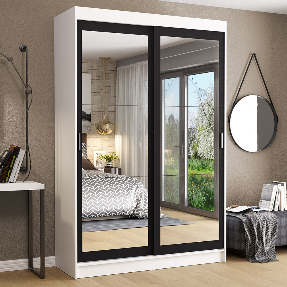 Guarda-Roupa Solteiro Madesa Tokio 2 Portas de Correr de Espelho 2 Gavetas Branco/Preto