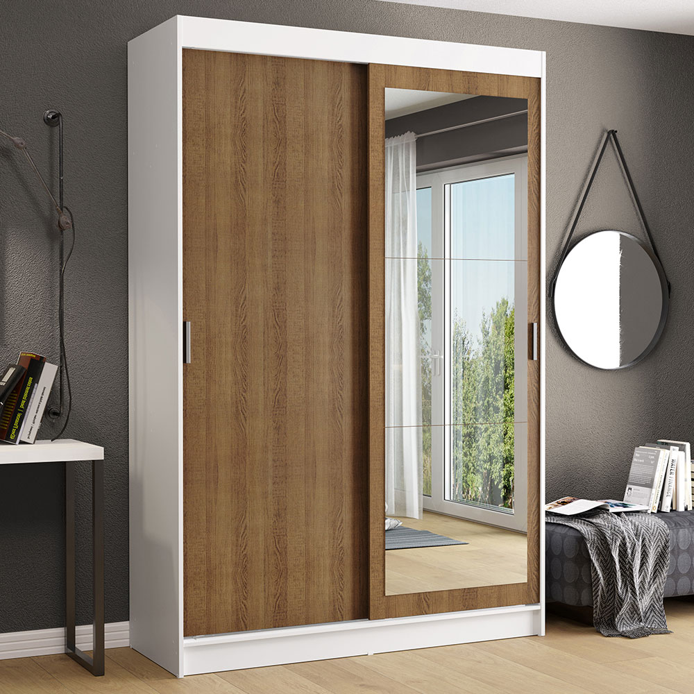 Guarda-Roupa Solteiro Madesa Tokio 2 Portas de Correr com Espelho 2 Gavetas Branco/Rustic