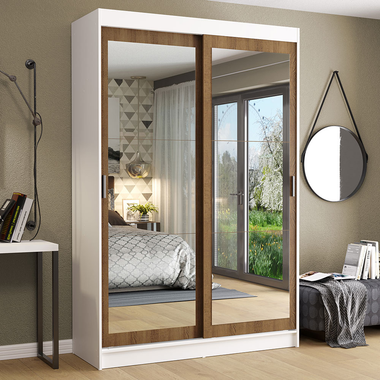 Guarda-Roupa Solteiro Madesa Tokio 2 Portas de Correr de Espelho 2 Gavetas Branco/Rustic