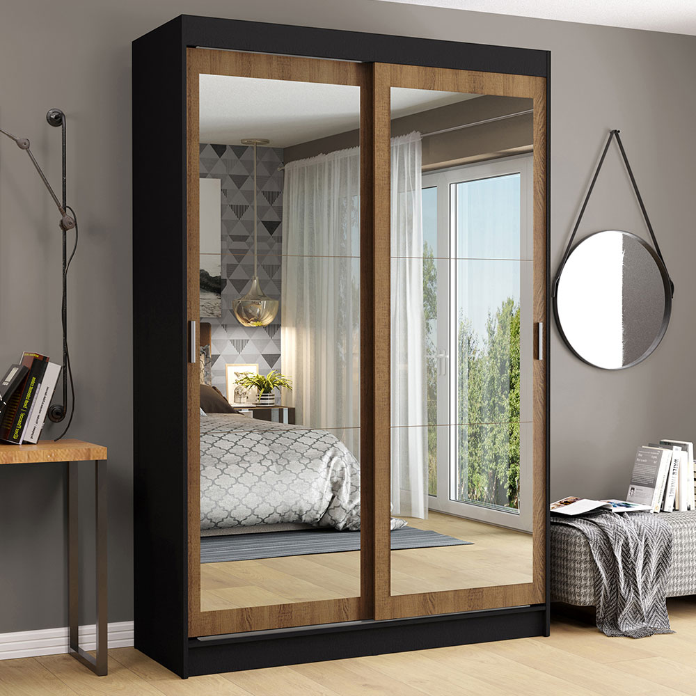 Guarda-Roupa Solteiro Madesa Tokio 2 Portas de Correr de Espelho 2 Gavetas Preto/Rustic