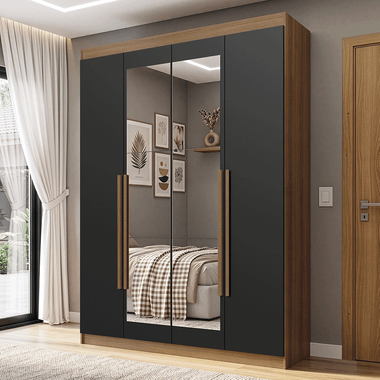 Guarda-Roupa Solteiro 4 Portas Batentes com Espelho Rustic/Preto/Rustic Venus Madesa