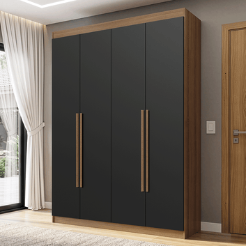 Guarda-Roupa Solteiro 4 Portas Batentes Rustic/Preto/Rustic Venus Madesa