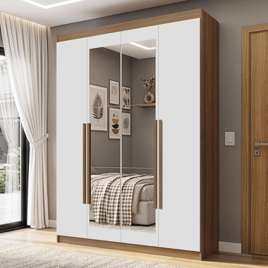 Guarda-Roupa Solteiro 4 Portas Batentes com Espelho Rustic/Branco/Rustic Venus Madesa