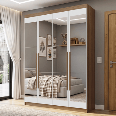 Guarda-Roupa Solteiro 4 Portas Batentes com Espelhos Rustic/Branco/Rustic Venus Madesa