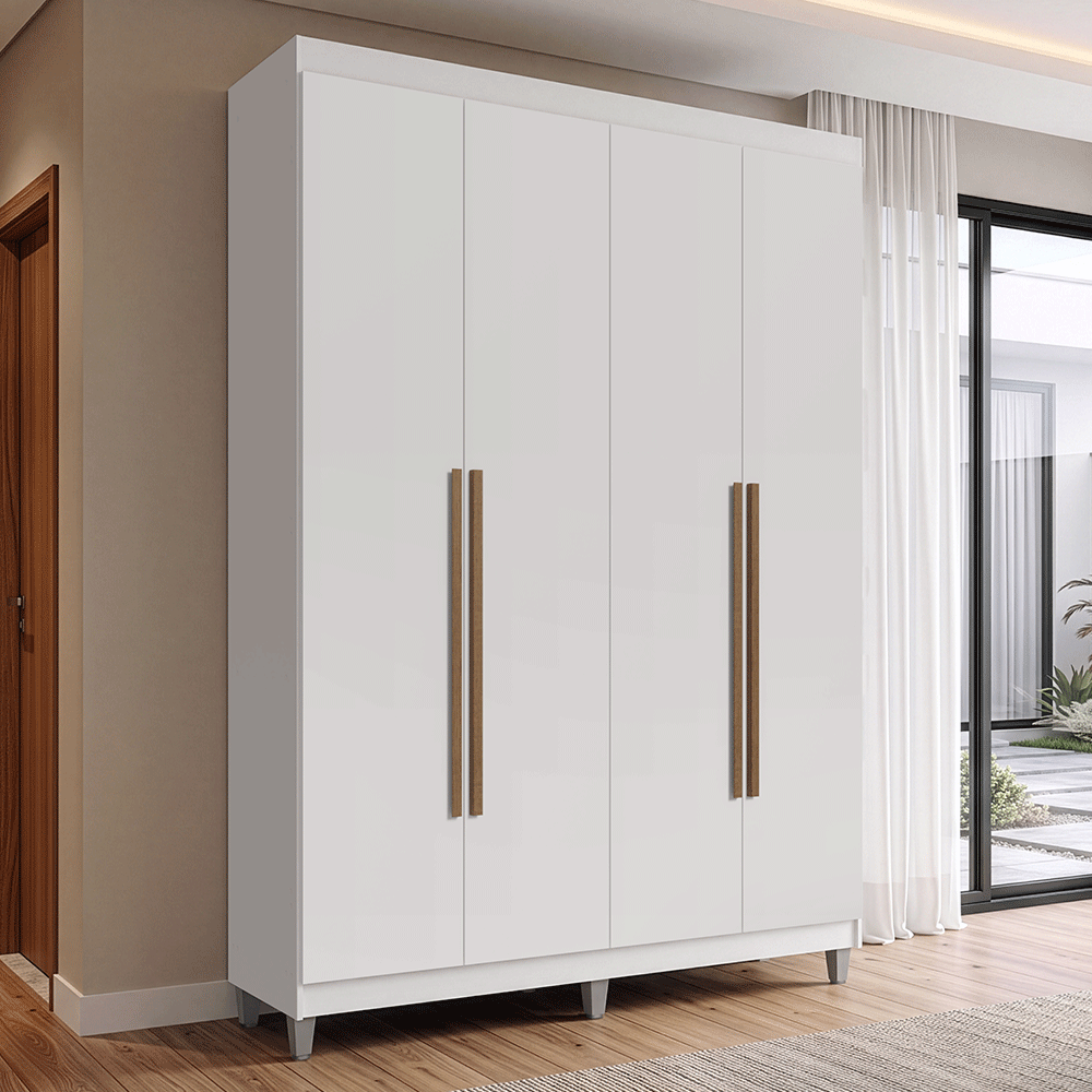 Guarda-Roupa Solteiro com Pés 4 Portas Batentes Branco/Branco/Rustic Venus Madesa