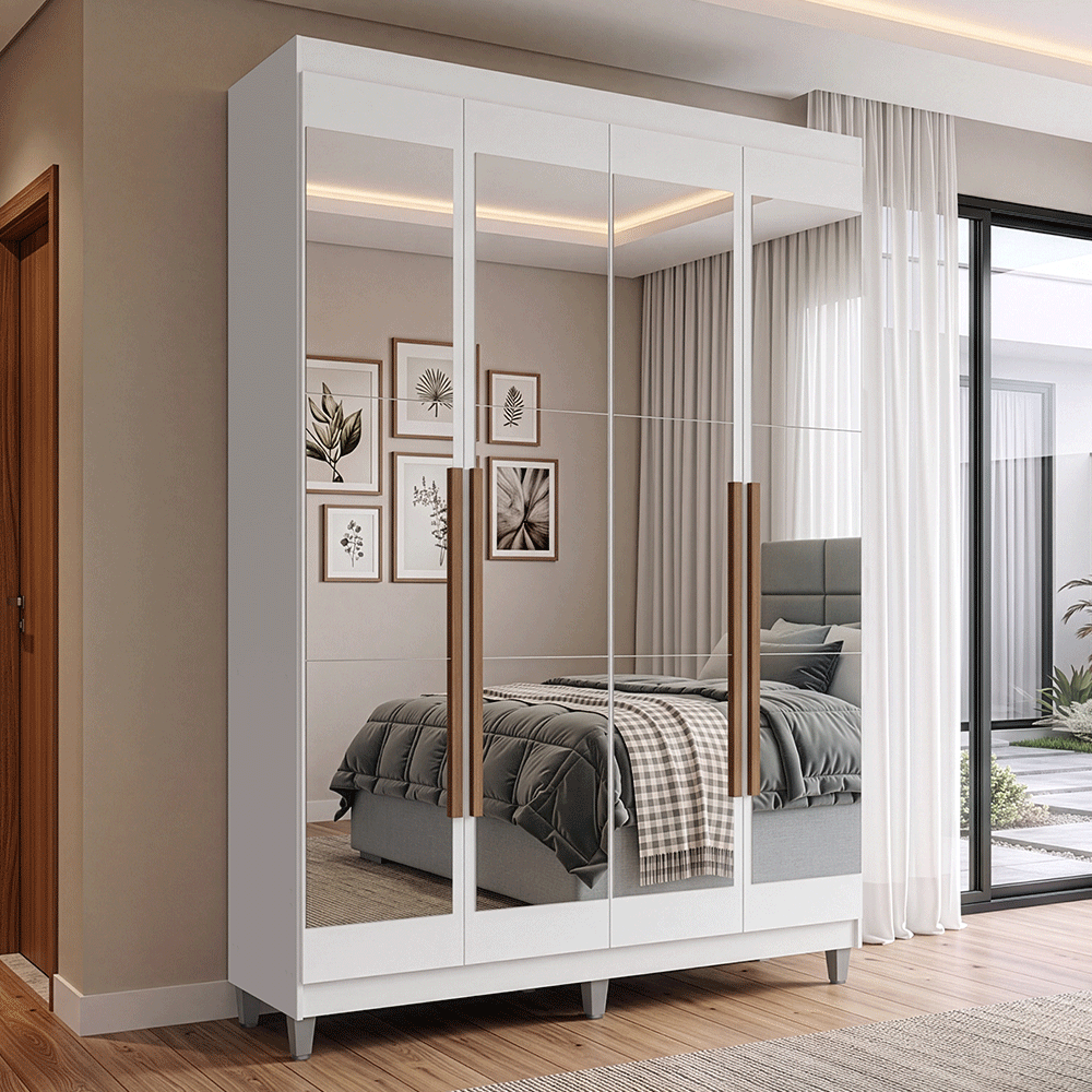 Guarda-Roupa Solteiro com Pés 4 Portas Batentes com Espelhos Branco/Branco/Rustic Venus Madesa