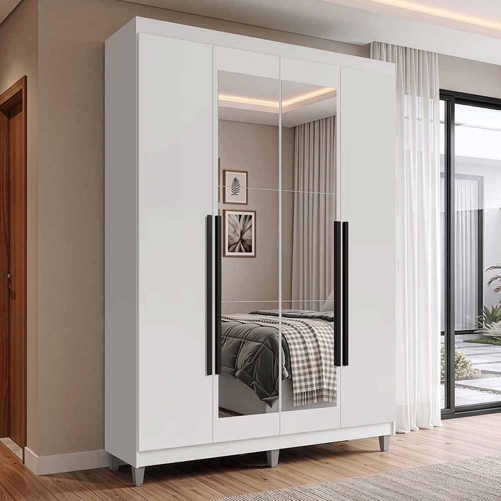 Guarda-Roupa Solteiro com Pés 4 Portas Batentes com Espelho Branco/Branco/Preto Venus Madesa
