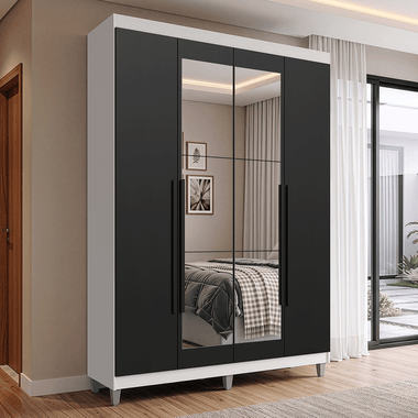 Guarda-Roupa Solteiro com Pés 4 Portas Batentes com Espelho Branco/Preto/Preto Venus Madesa