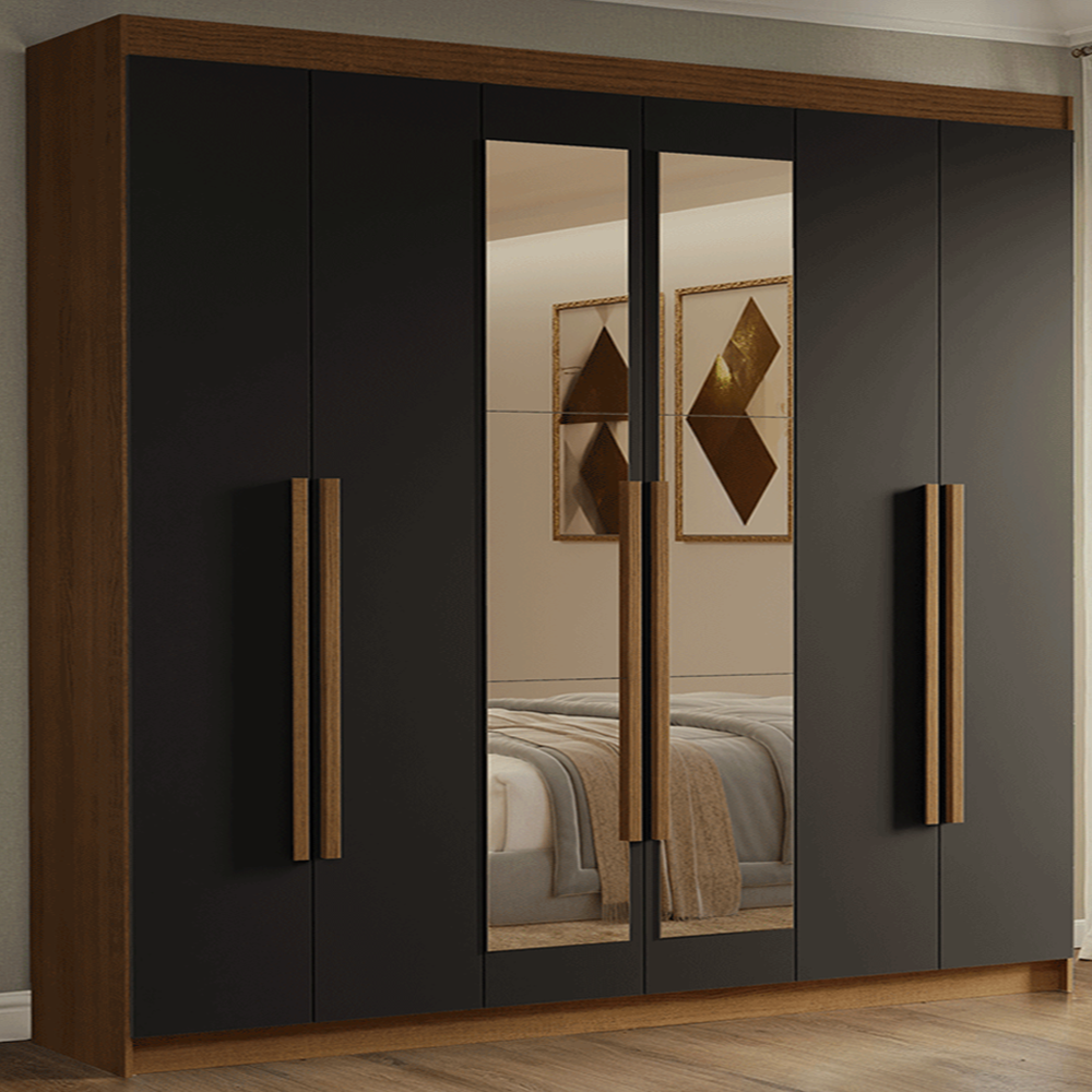 Guarda-Roupa Casal 6 Portas Batentes com Espelho Rustic/Preto/Rustic Venus Madesa