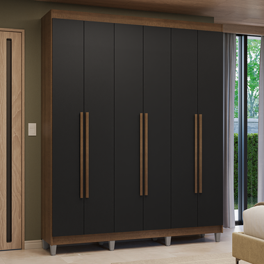 Guarda-Roupa Casal com Pés 6 Portas Batentes Rustic/Preto/Rustic Venus Madesa