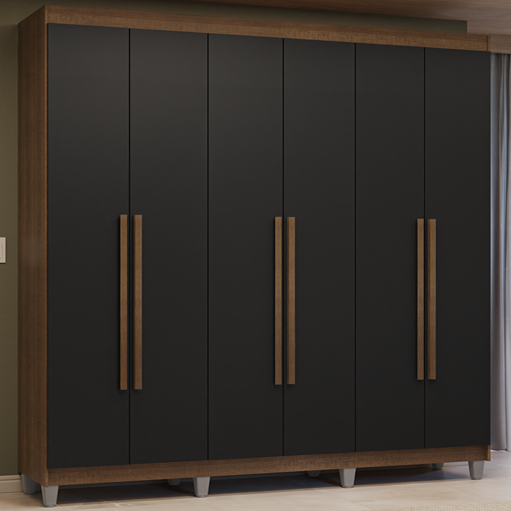 Guarda-Roupa Casal com Pés 6 Portas Batentes Rustic/Preto/Rustic Venus Madesa