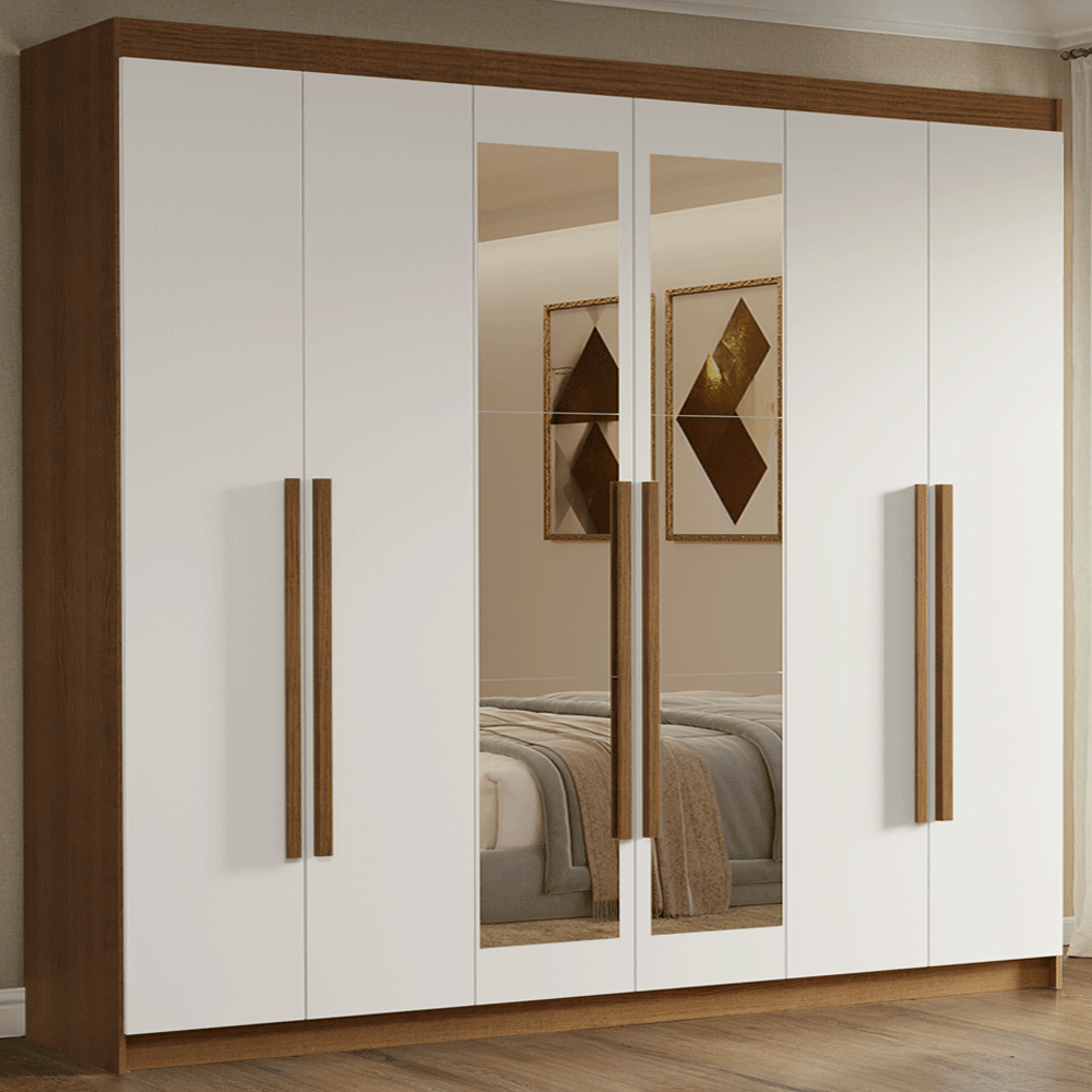 Guarda-Roupa Casal 6 Portas Batentes com Espelho Rustic/Branco/Rustic Venus Madesa