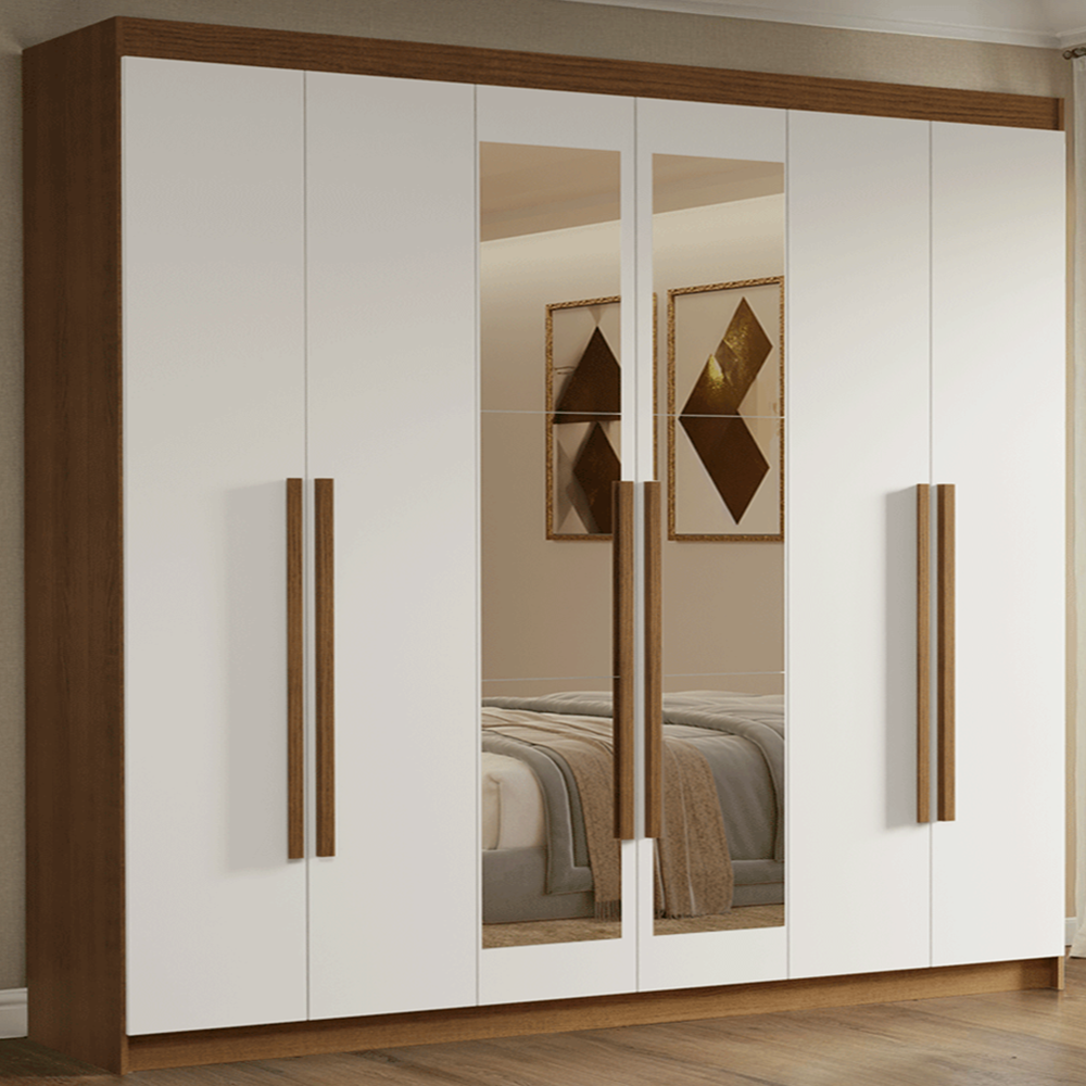 Guarda-Roupa Casal 6 Portas Batentes com Espelho Rustic/Branco/Rustic Venus Madesa